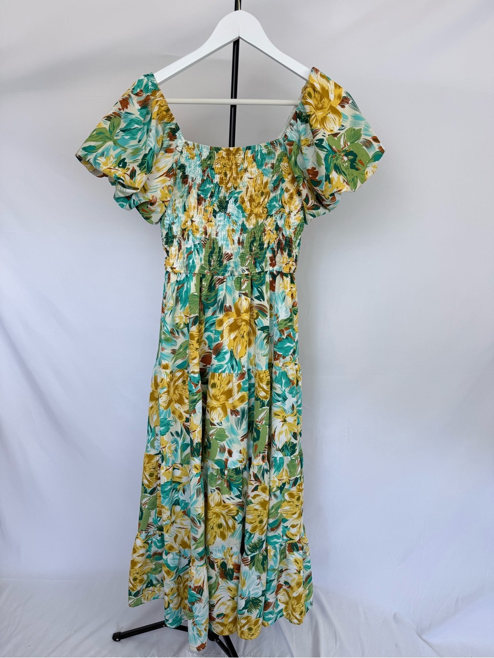 Floral Smocked Maxi Dress in Teal & Mustard